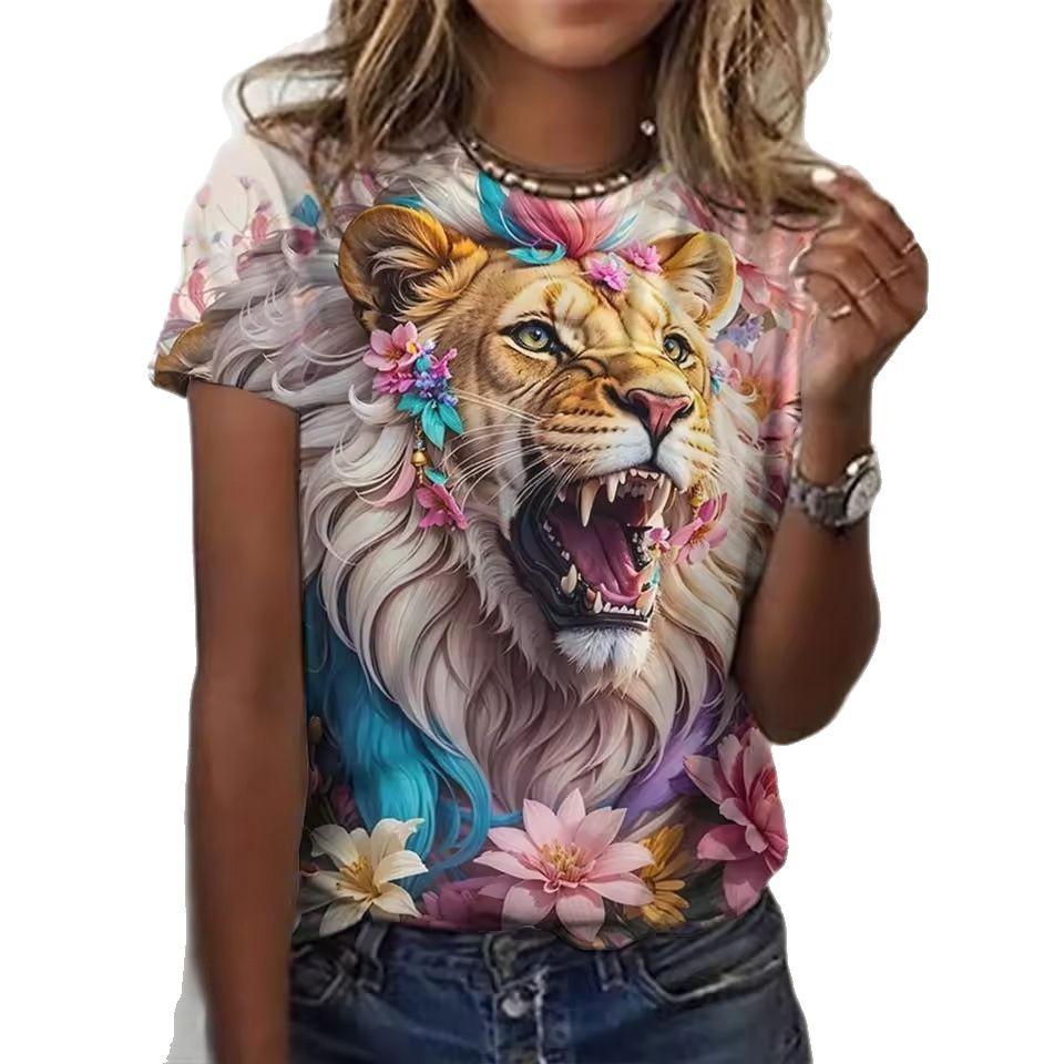 Summer Round Neck 3D Lion Tiger Leopard Print Top Fashionable Casual Short Sleeved Women's T-shirts