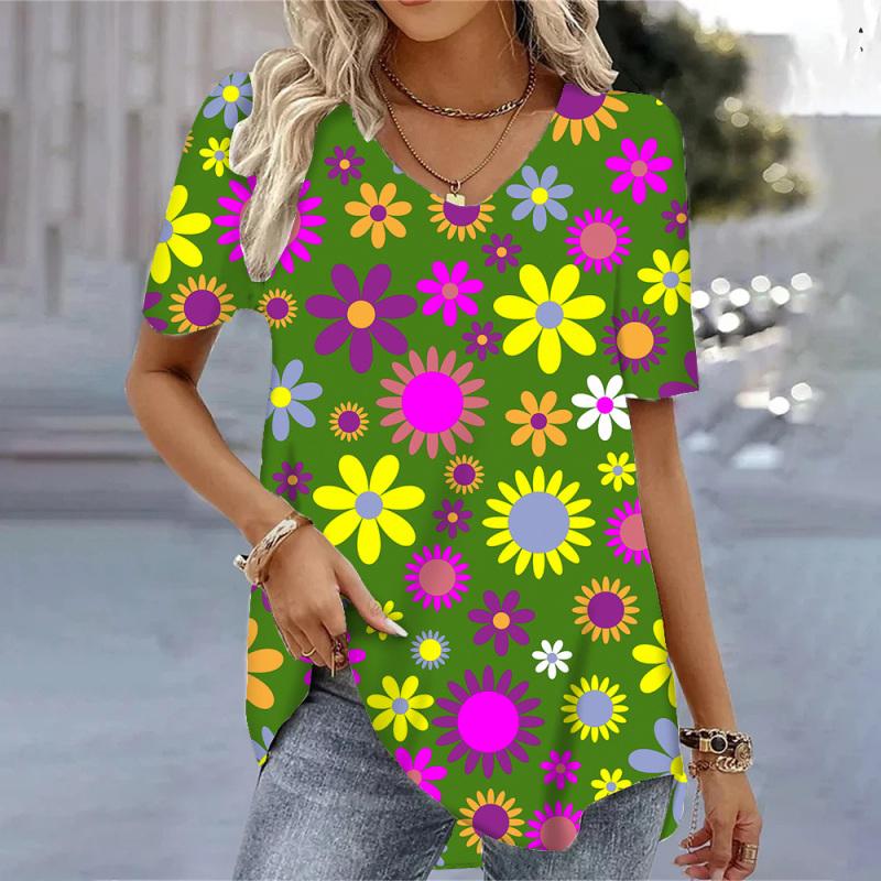 Frühling Vintage Damen V-Ausschnitt Kurzarm T-Shirt für Frauen Lose Tops 3D-Druck Sommer Tees Shirts Übergroße weibliche Kleidung