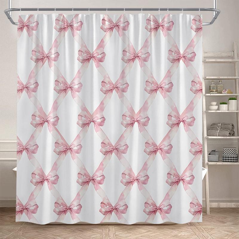 Fashion Bowknot Shower Curtains Red Pink Bow-Tie Heart Pattern Girl Gift Modern Bathroom Decorative Bath Curtain Set With Hooks