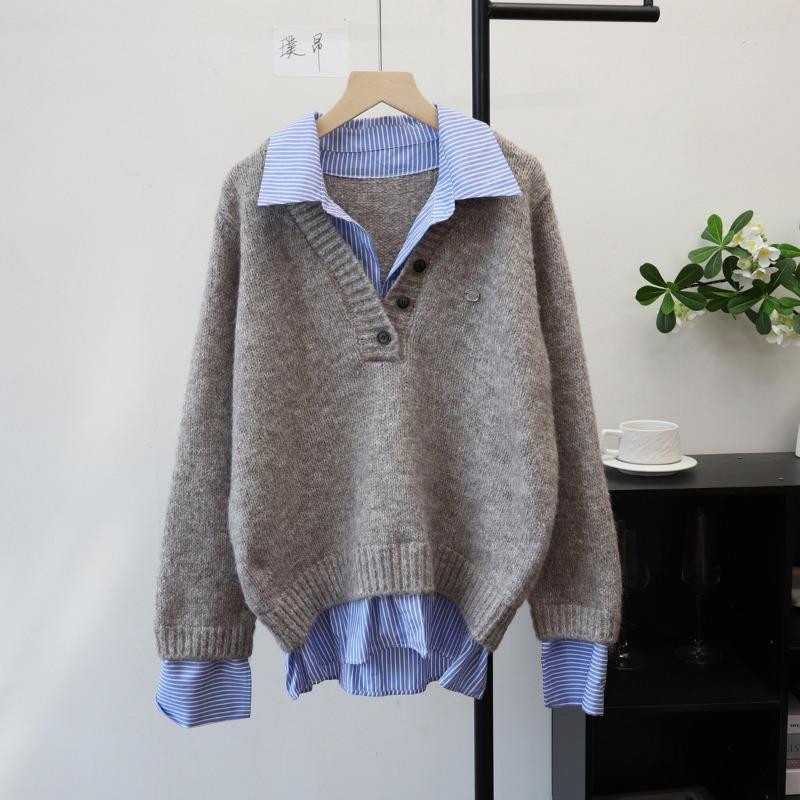 Splicing Shirt Fake Two-piece Knitted Sweater Top Autumn and Winter New Design Sense Loose and Thin Sweater Pullover Woman