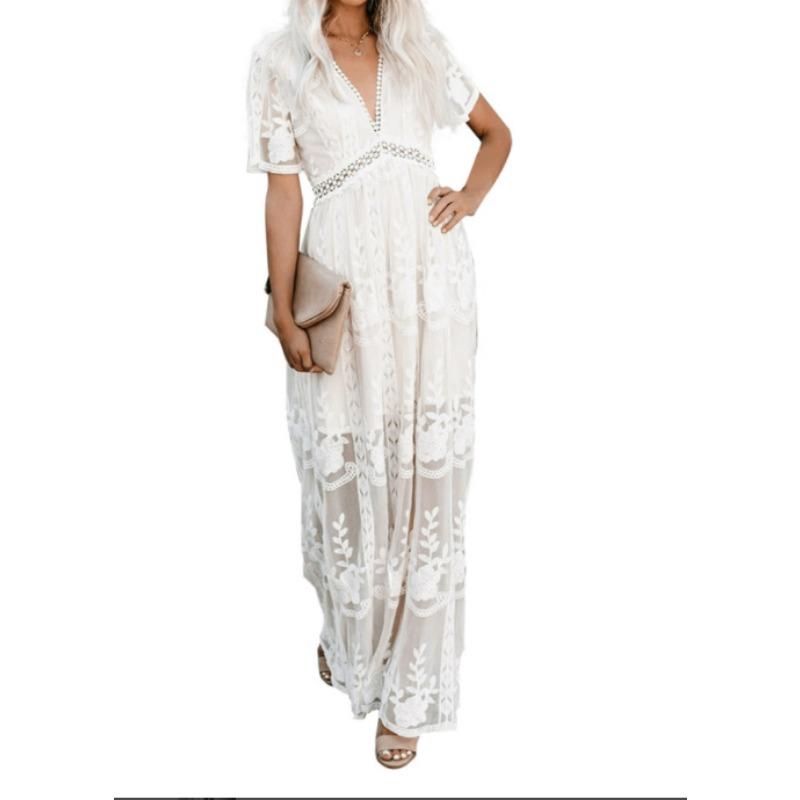 Women's Plus Size Summer New Lace Short-sleeved V Neck Chiffon Dress