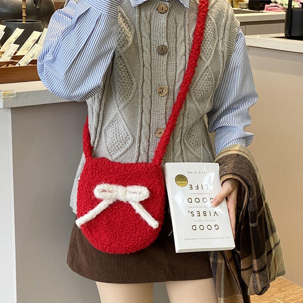 

Single Shoulder Plush Bucket Bag Large Capacity New Year Red Tote Flocking Commute Packs New Year Style 2