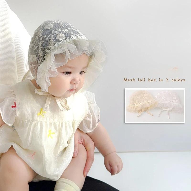 Korean Princess Beanie for Baby Girl Mesh Gauze Embroidery Floral Ruffle Newborn Photography Props Infanr Hat