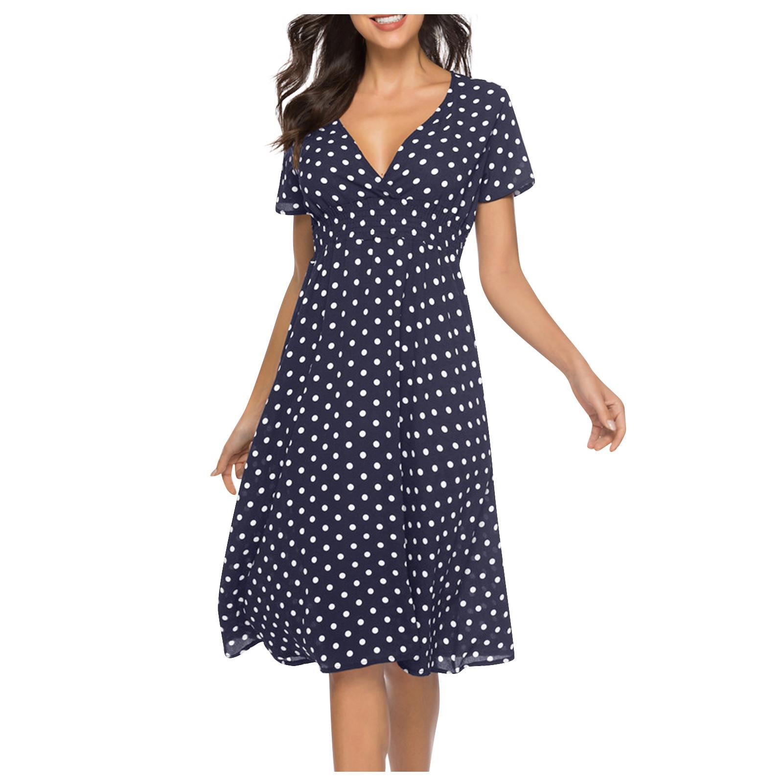 Women s Casual V Neck Polka Dot Dress Bohemian Maxi Dress XXL тёмно-синий
