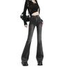 Spring/Summer Women's Black-Gray Frayed Micro-Flare High-Waisted Jeans