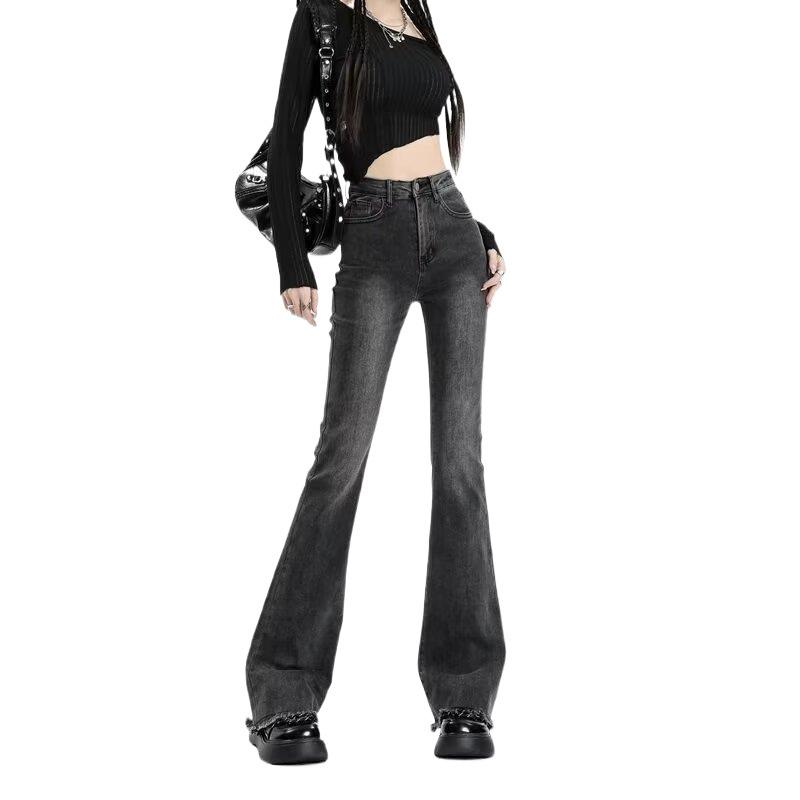 Spring/Summer Women's Black-Gray Frayed Micro-Flare High-Waisted Jeans