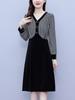 Women's Houndstooth Velvet Patchwork High Waist Midi Dress