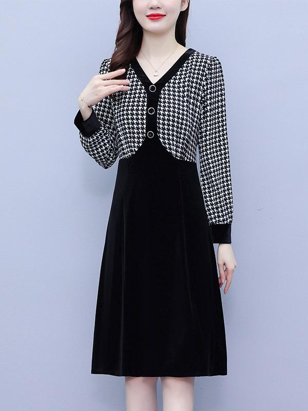 Women's Houndstooth Velvet Patchwork High Waist Midi Dress