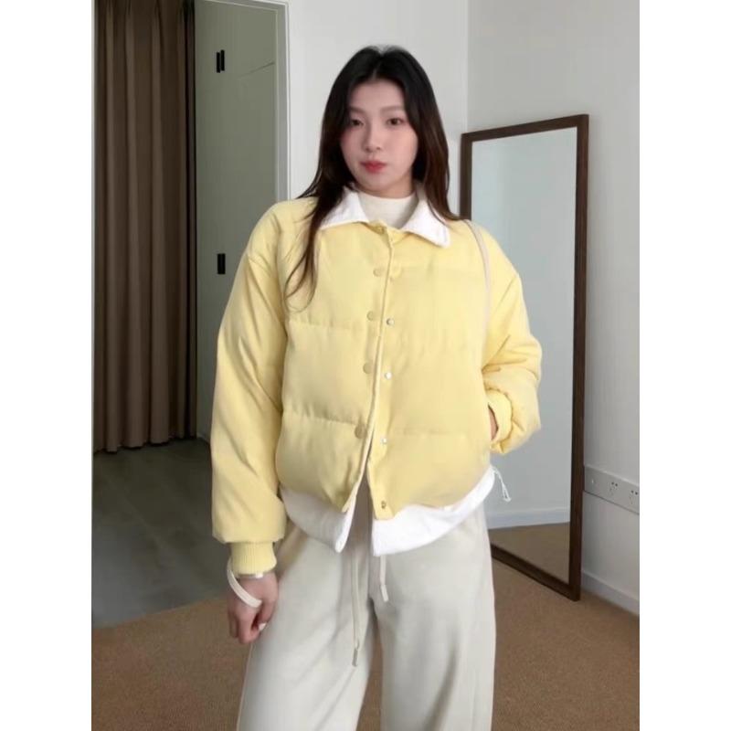 

Japanese Milky Yellow Down-padded Jacket for Women New Winter Contrast Color Fake Two-piece Thickened Short Cotton-padded Jacket XL