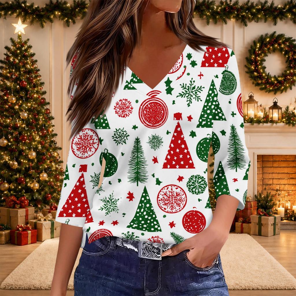 Women's Christmas Print V-Neck Three-Quarter Sleeve Casual Loose Fit Shirt