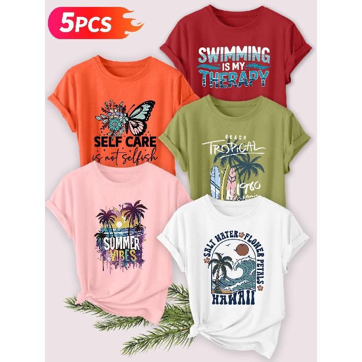 Five-piece Set Elegant Short-sleeved Shirt for Women Coconut Trees and Waves by the Sea SELF CARE English Resort-style Printed Round-neck Women's
