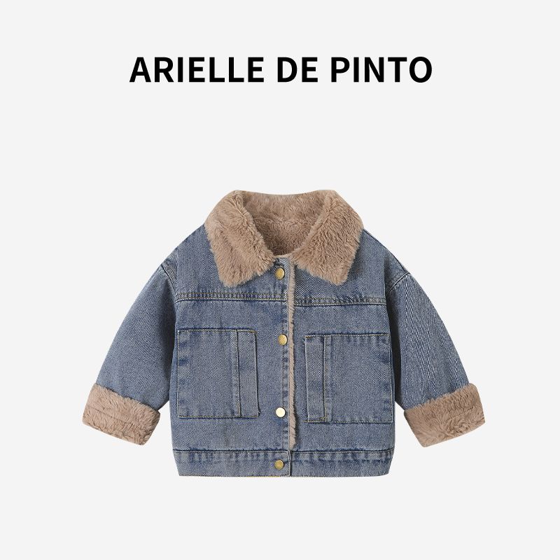 French Arielle De Pinto Girls Fleece-Lined Thickened Jacket Winter Casual Girls Denim Jacket Stylish Blue 140