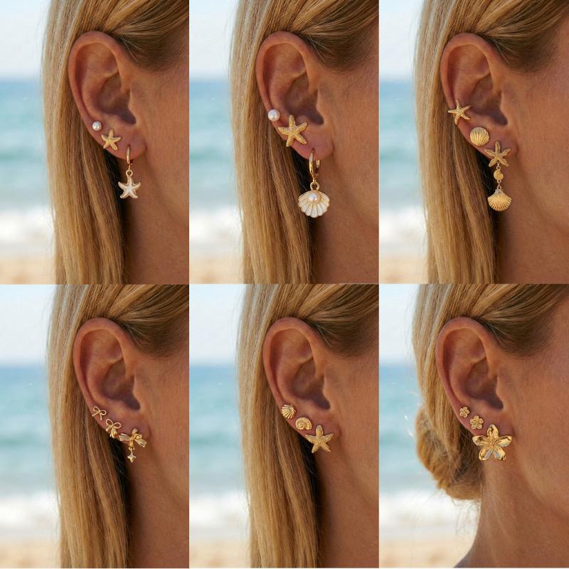1Set Boho Starfish Shell Hoop Earrings Set For Women Imitation Pearl Metal Geometric Earring Girl Beach Party Jewelry