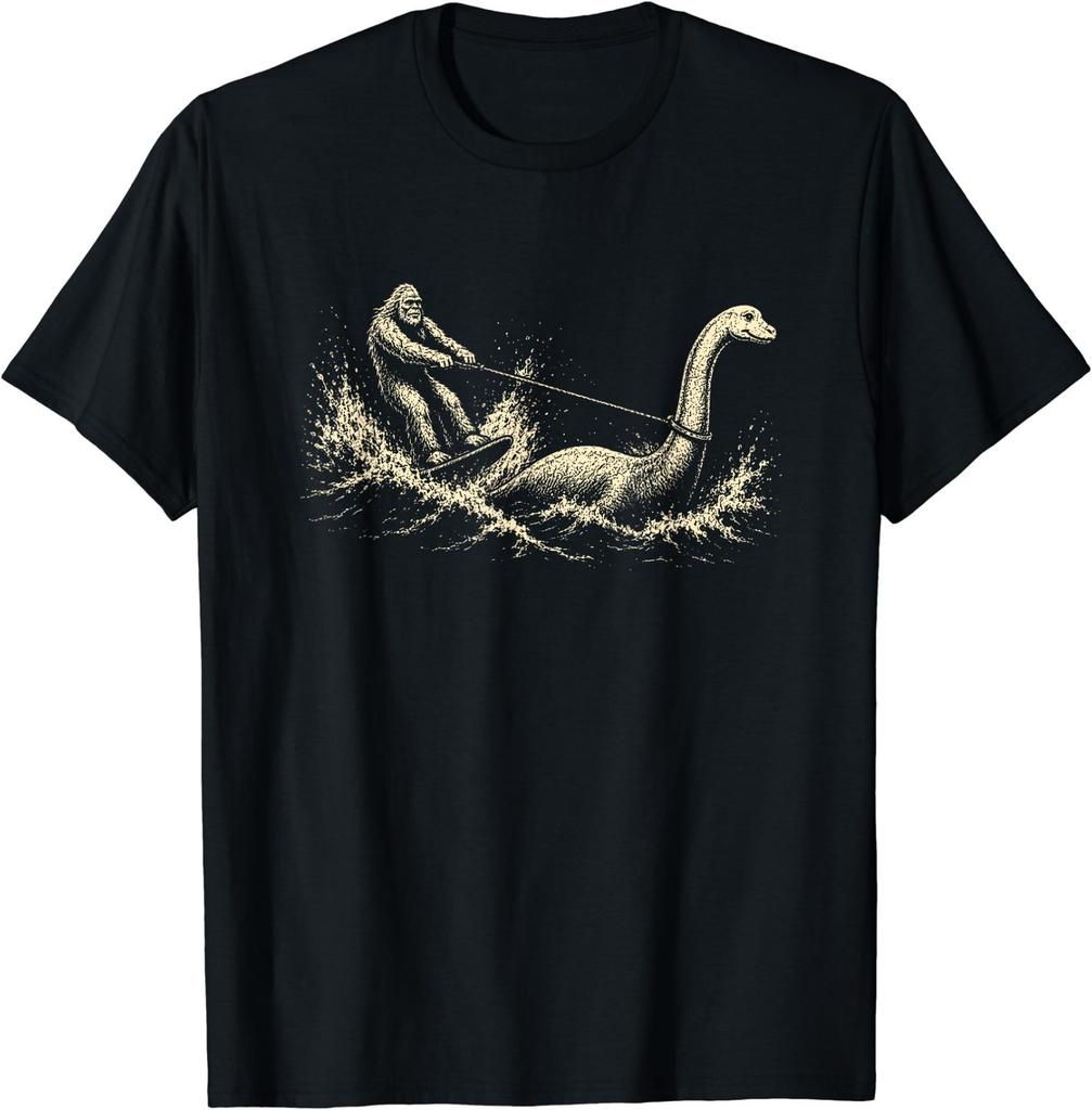 Bigfoot Water Skiing Behind Nessie Cryptid Humor T-Shirt