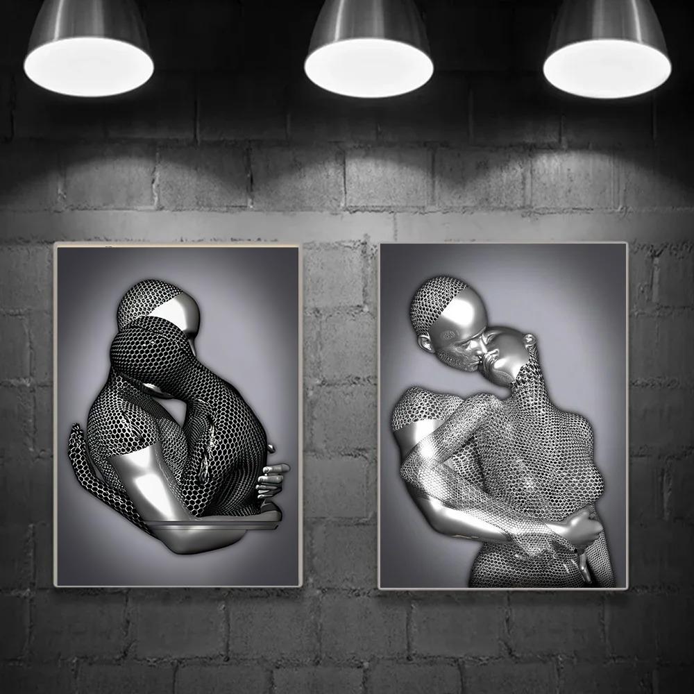 Metal Figure Statue Art Poster High Definition Printing Canvas Painting Prints Couple Sculpture Living Room Home Decor Picture