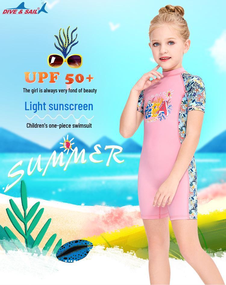 Einteiliger Sonnenschutz-Badeanzug für Mädchen mit kurzen Ärmeln, schnelltrocknend für Schnorcheln, heiße Quellen und Schwimmtraining.