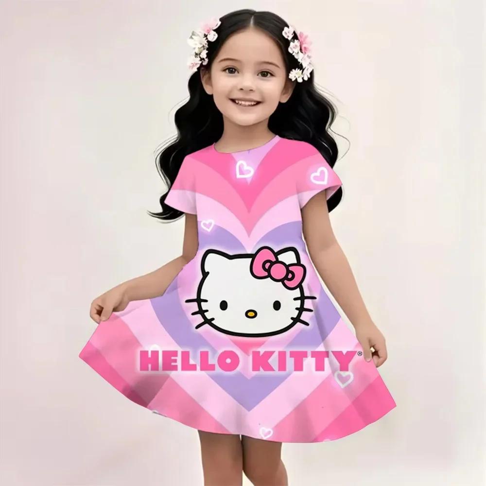 

New Summer Girls Dress Fashion Cartoon Cute Cinnamoroll &Hello Kitty 3D Printing Dress Kid Short Sleeve Princess Clothing S