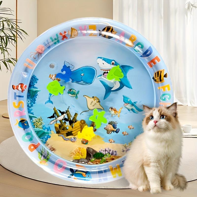 1pcsOcean Themed Interactive Cat Play Mat with Floating Fish Design - Splash Resistant PVC