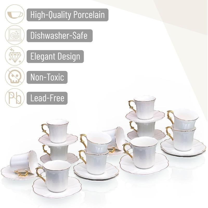Espresso Cups and Saucers, 2.4 Oz, Set of 12, Gold Rim, Demitasse Espresso Cups, Porcelain Espresso Cups with Saucer