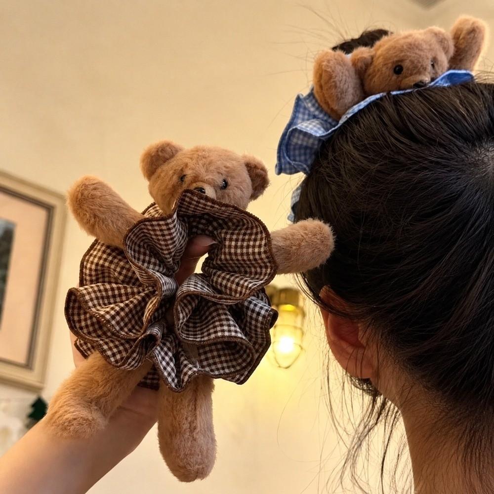 High Elasticity Plaid Ponytail Holder Versatile Hair Rope Gift Plush Bear Scrunchies Party