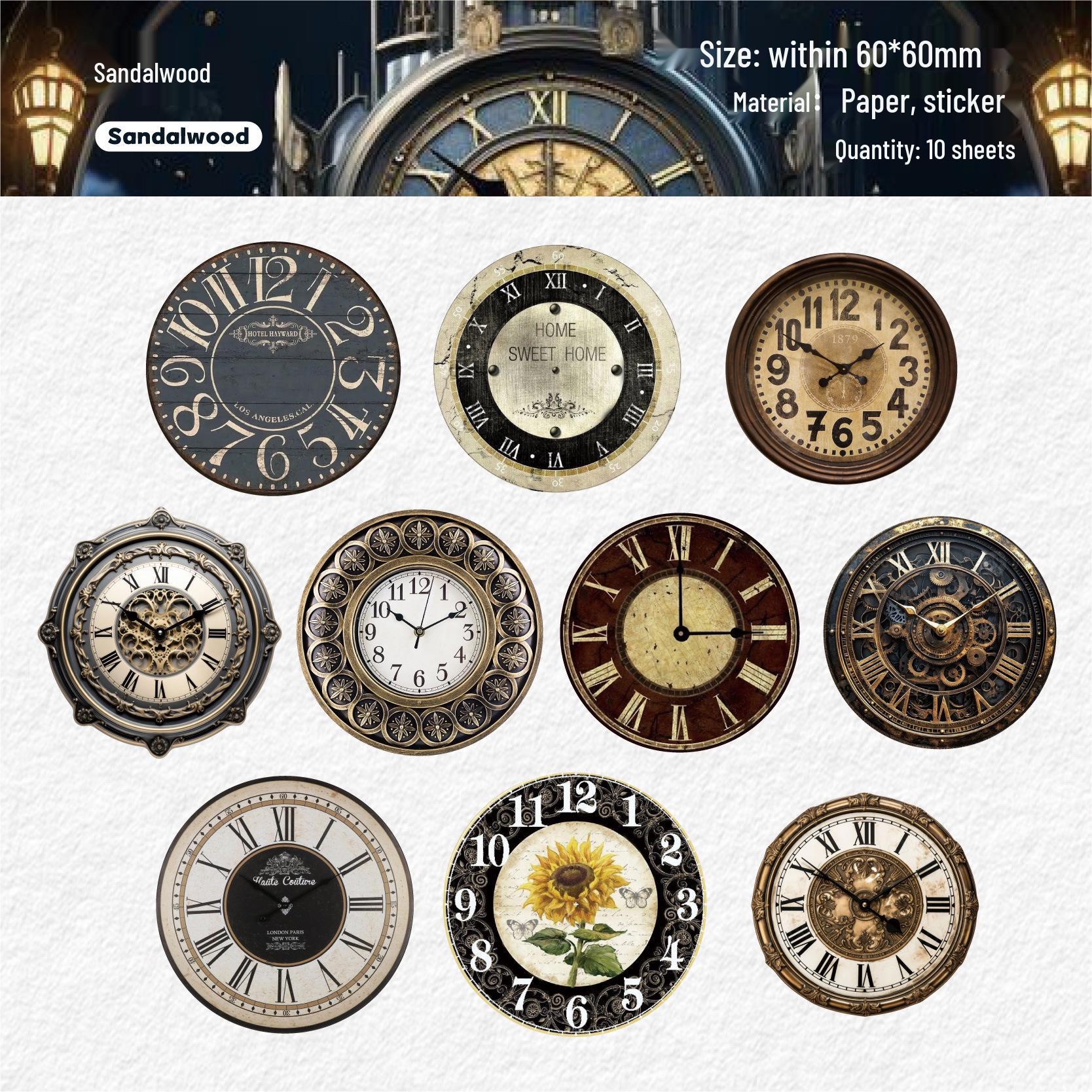 Retro Wall Clock & Journal Sticker Pack: 10 Sheets of Creative Vintage Time Scale Designs