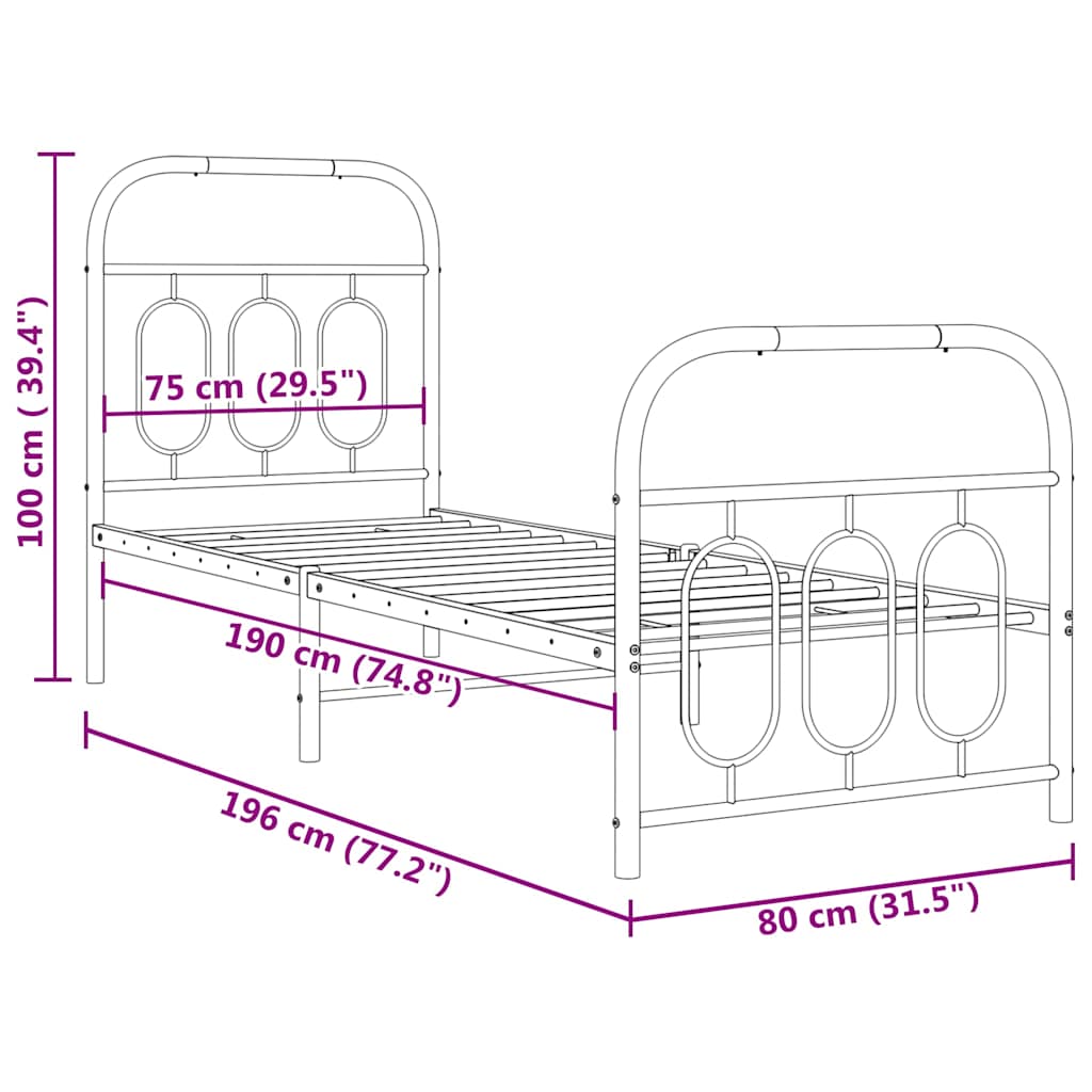 Metal Bed Frame with Headboard and Footboard White 75x190 cm