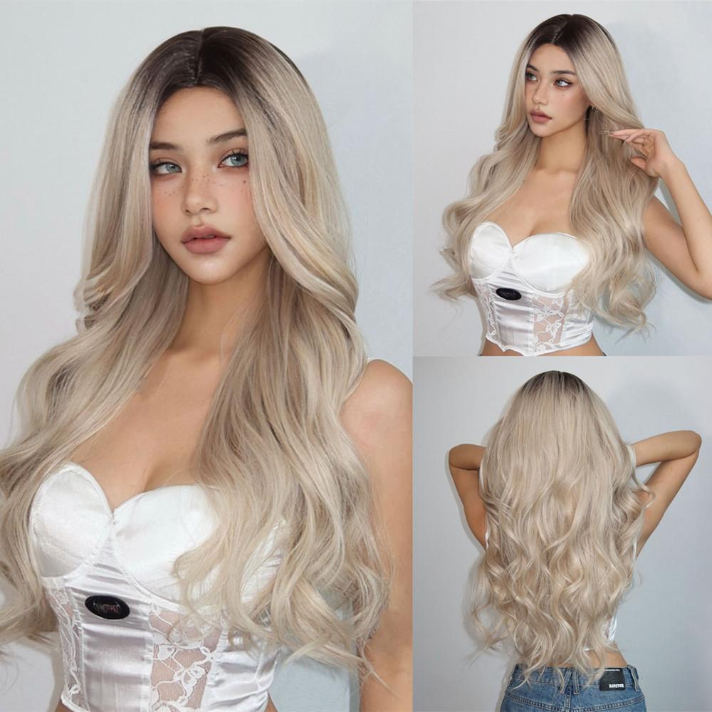 Blonde Synthetic Wigs with Pink Highlights Long Ombre Natural Wavy Wig Middle Part Hair for Party Daily Use Heat Resistant Fiber