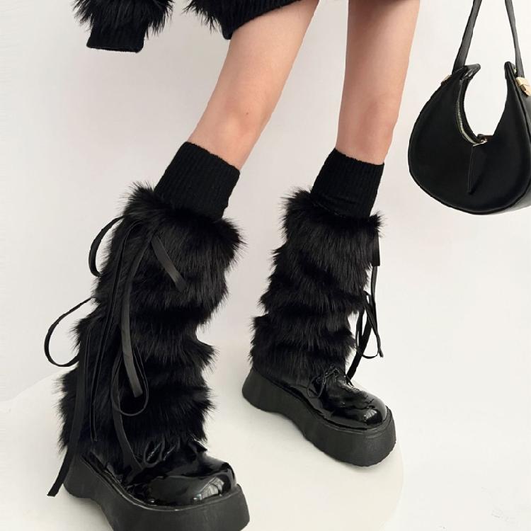 Women Goth Furry Leg Warmers Socks Harajuku Ribbon Bowknot Leggings Boots Cover