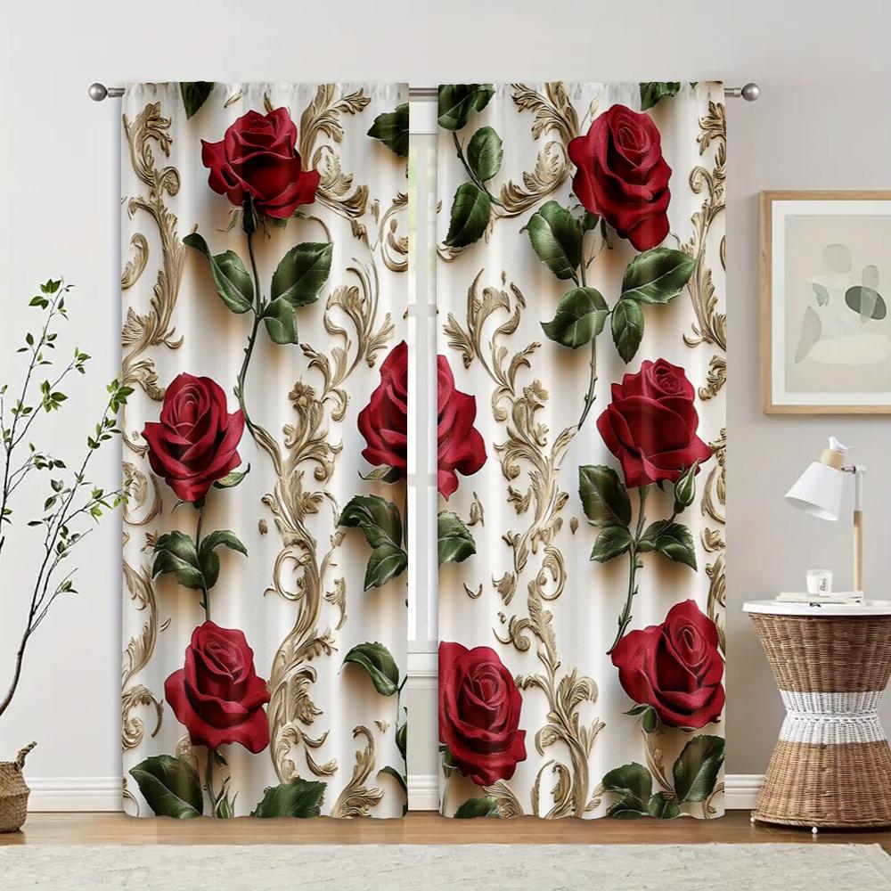2pcs, Upscale Curtains 2D print Red Roses & Golden Floral Pattern Polyester Woven (without rod) All Seasons for Bedroom and