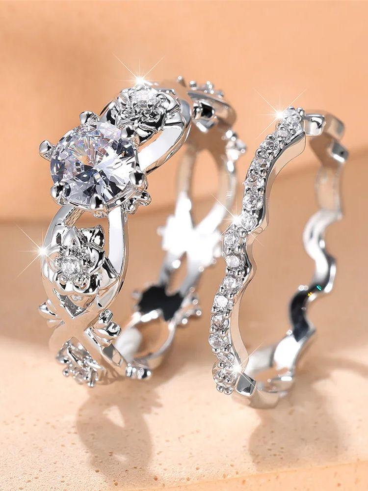 Crystal Female White Zircon Flower Ring Set Fashion Vintage Silver Color Bridal Wedding Engagement For Women