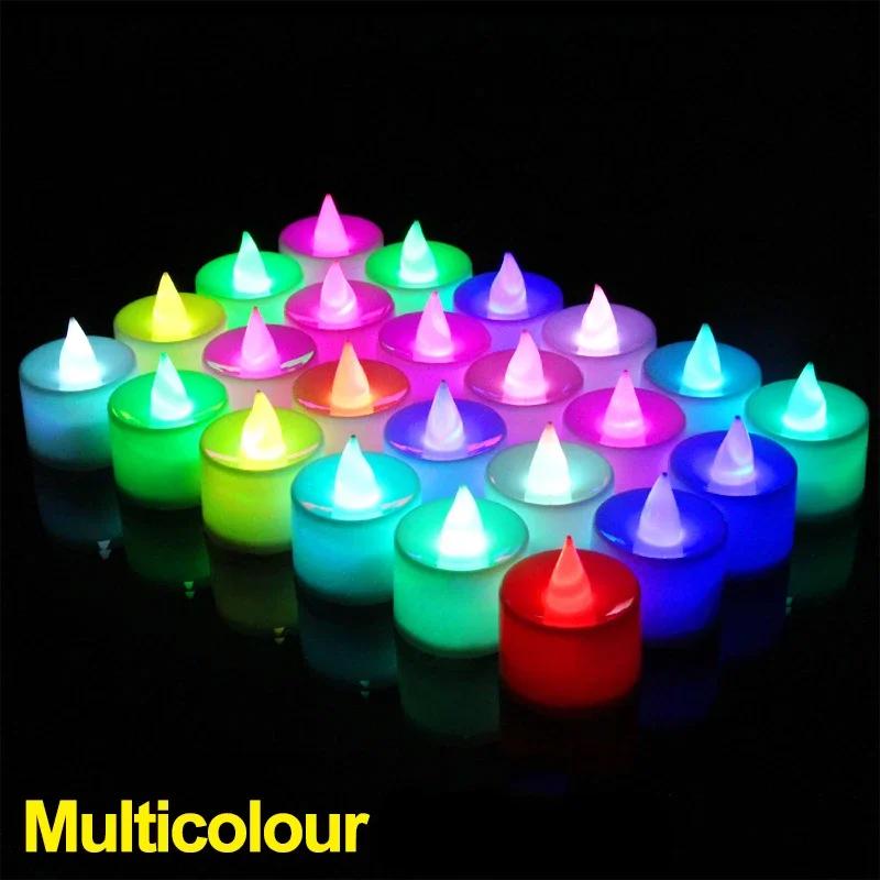 12-1Pcs Colorful LED Candles Battery Operated Flameless Tealight Fake Candles Lamp Wedding Birthday Party Home Decoration Lights