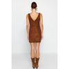 فستان جيليه سويدي قصير محبوك بني برقبة على شكل حرف V Twoaw24el00543