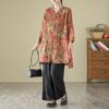 QICED Cotton and Linen Printed Shirt Women's Loose Top Retro Mid-length Linen Coat Spring Autumn