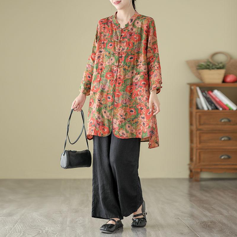 QICED Cotton and Linen Printed Shirt Women's Loose Top Retro Mid-length Linen Coat Spring Autumn