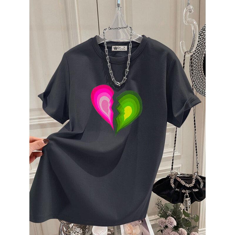 Women Clothing Fashion Hand-Painted Love Print T-shirts Summer Loose O-neck Short Sleeve Tee Office Lady Pure Cotton Basic Tops