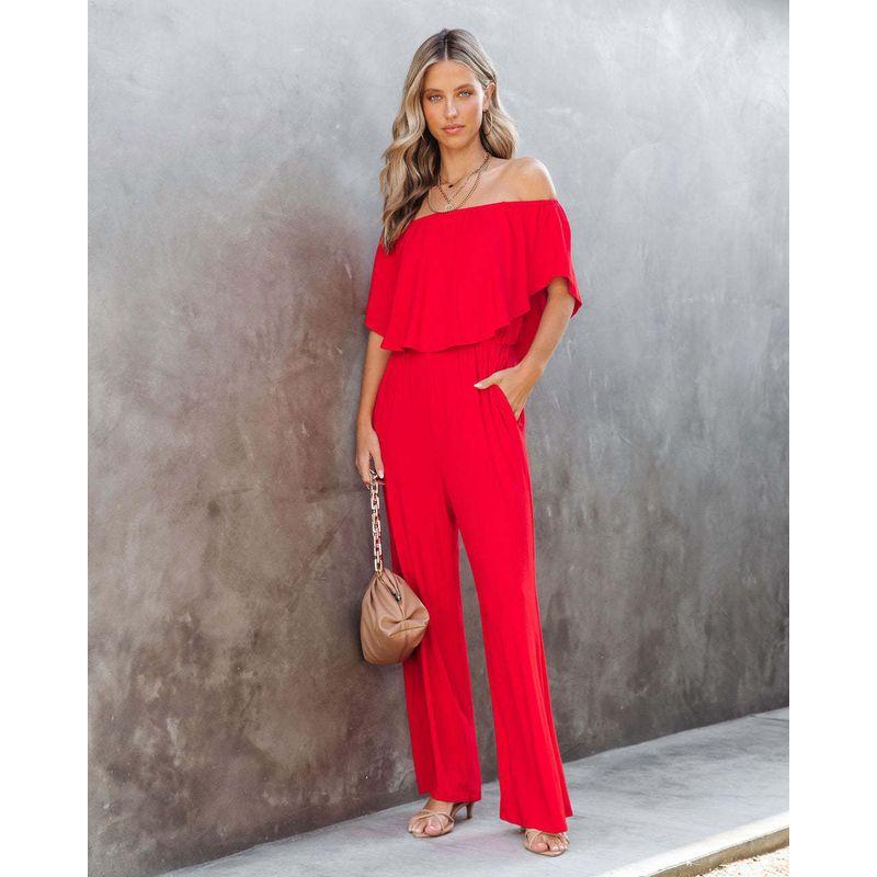 Off Shoulder Jumpsuit Spring and Summer Women's Clothing Off Shoulder Fashion Shoulder-Baring Jumpsuit Casual Loose Pants