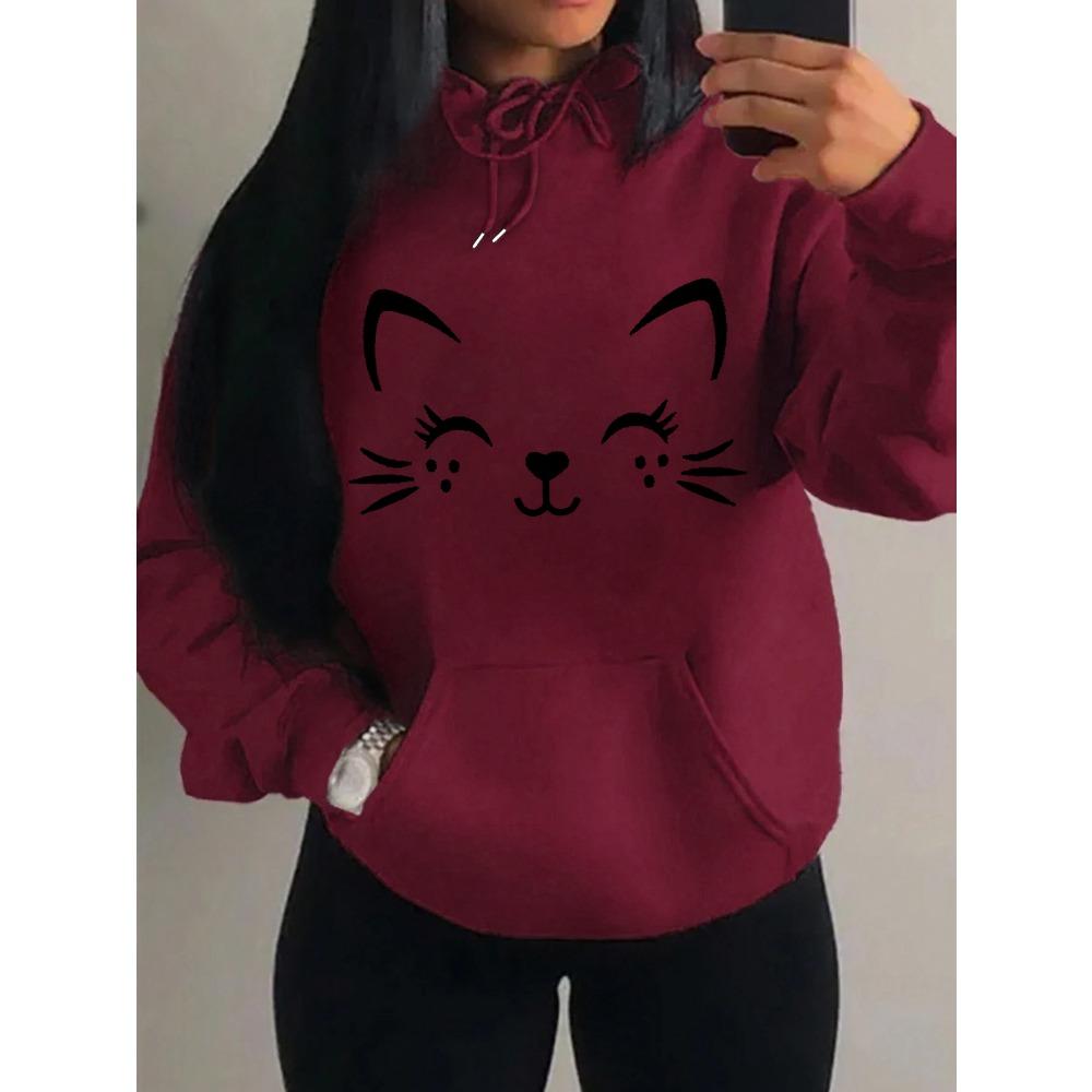 Simple Word Cat Smile Pattern Women Hoodies Fashion Casual Streetwear Personality Hoodie Trendy Fleece Pulloverar