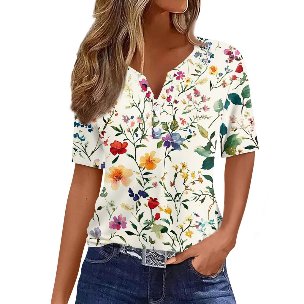 Damska koszulka z nadrukiem, dekoltem w serek, krótkim rękawem i ozdobnymi guzikami