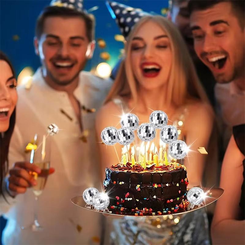 12/24Pcs Mirror Ball Cake Decoration Silver Disco Ball Cupcake Toppers 70s Disco Dance Party Wedding Birthday Decor Supplies
