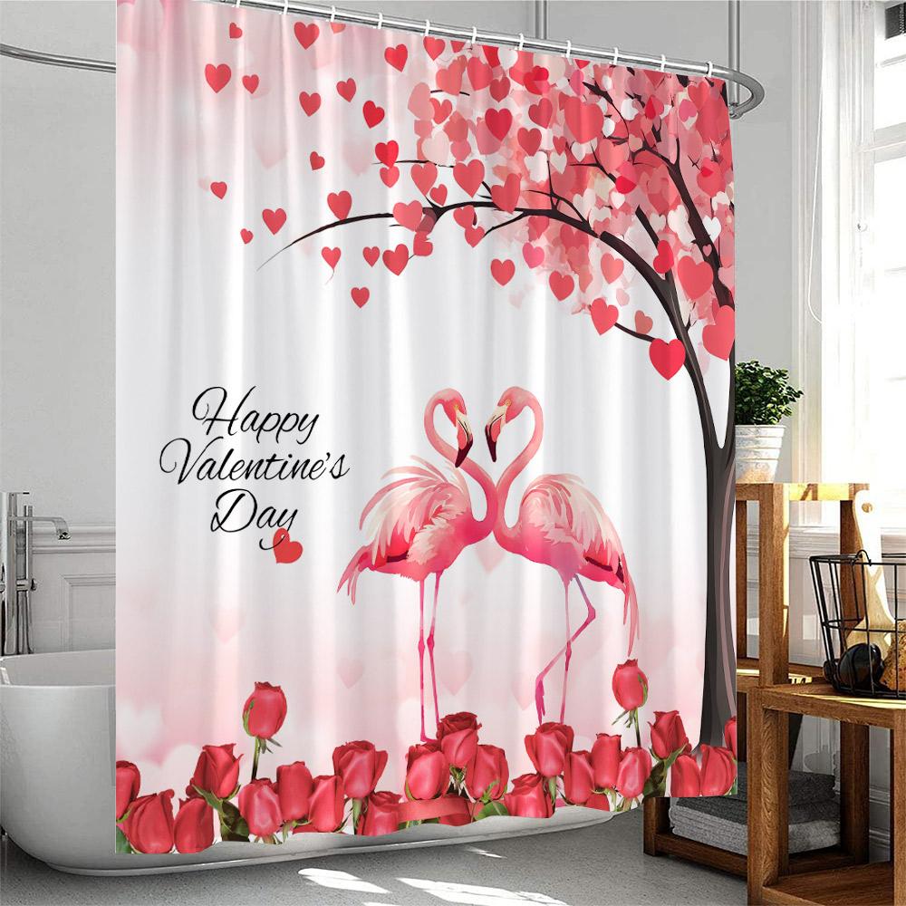 Valentine's Day Shower Curtains Cute Animals Highland Cattle Pig Flamingo Elf Heart Red Rose Bath Curtain Fabric Bathroom Decor