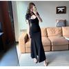 New split cheongsam long mesh splicing sexy low-cut short-sleeved slim-fitting hip-wrapped dress temperament work clothes