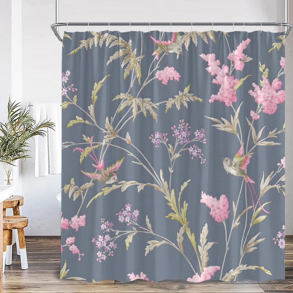 Watercolor Floral Shower Curtain Flower Plant Butterfly Purple Blue Golden Blossom Bathroom Decor ModernPolyester Bath Curtain