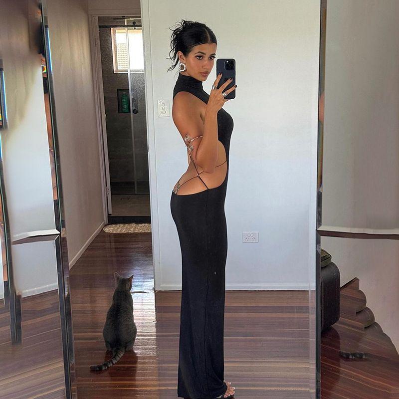 Fashion Style Niche Style Open Back Metal Butterfly Sleeveless Dress Black Mock-Neck Slim Looking Sheath Back Slit Dress