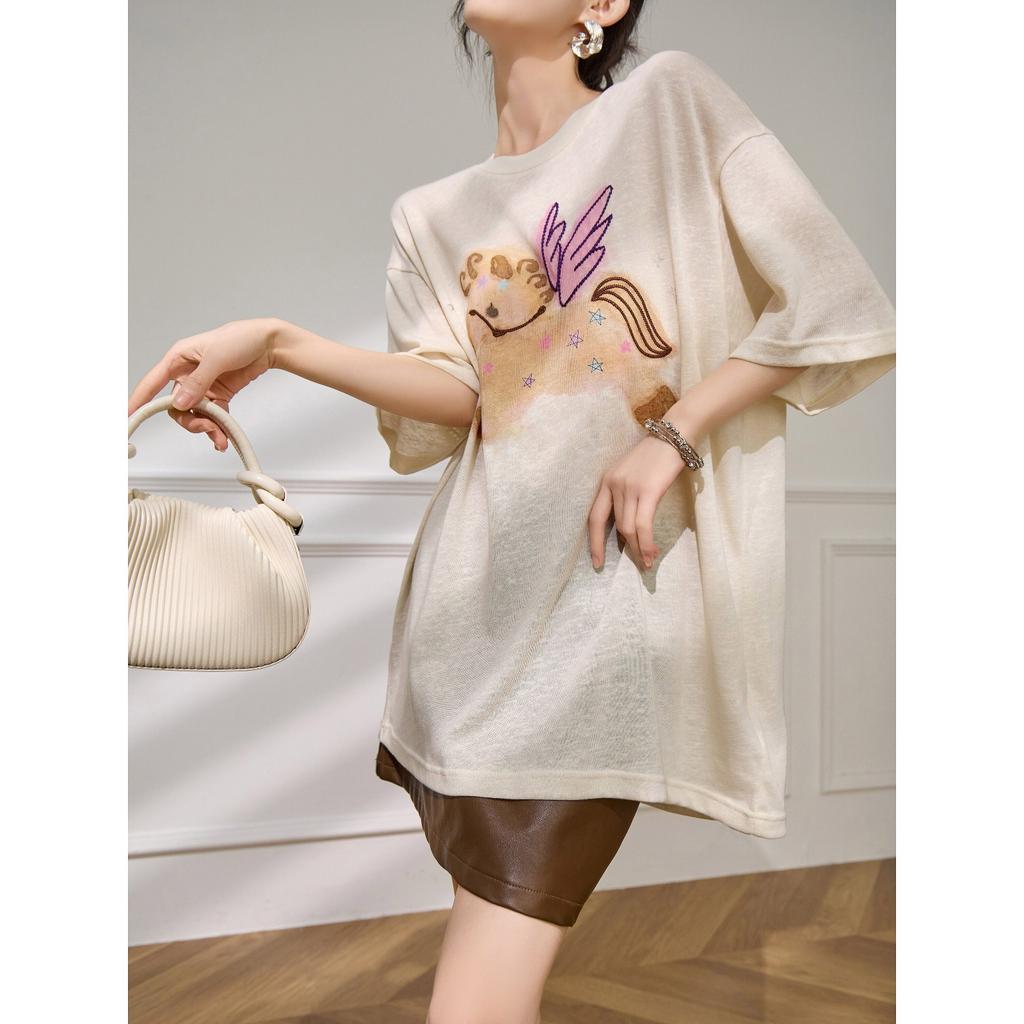 Plum Jan/Age Reduction Wear Loose Pony Print Long Sleeve T-Shirt Crew Neck Shoulder Sleeve Hanli Korean Style Shirt Women