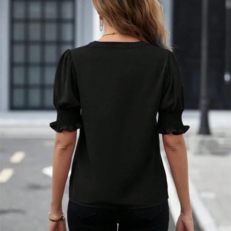 Women Summer Style Blouses Shirts Lady Casual Short Puff Sleeve V-Neck Solid Color Blouse Tops