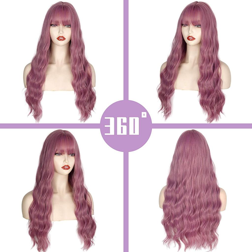MERISIHAIR Purple Wig with Bangs Long Wavy Wig for Women, Synthetic Wig Heat Resistant 24 Inches