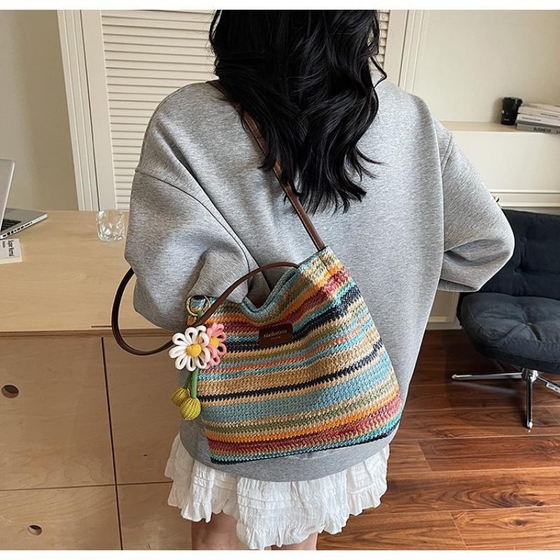 Fashionable Woven Straw Women'S Shoulder Bag Large Capacity Tote Bag Summer Holiday Style Polyester Material Bag