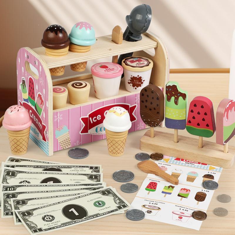 

Ice Cream Cart Toy Set - Includes Ice Cream Cones Ice Cream Scoop And Toppings - Perfect Gift For Pretend Play Party Games