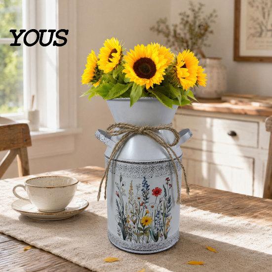 Rose Display Bucket Vintage Iron Flower Bucket, Rustic White Double-Handle Metal Vase with Floral Print & Jute Artificial Bow, Farmhouse