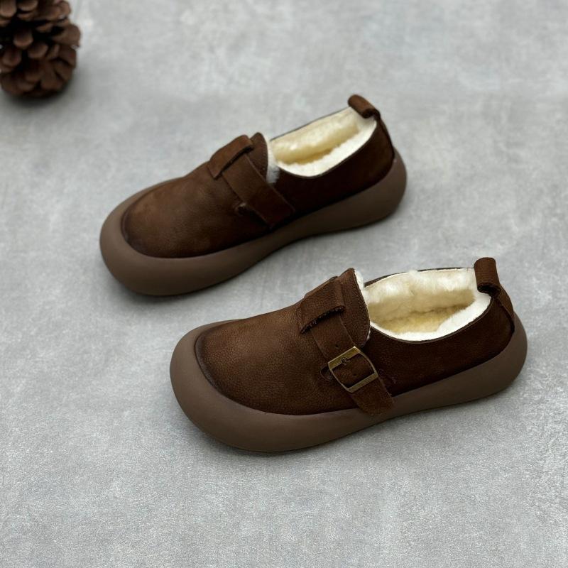 

Johnature Handmade Натуральная кожа Хлопковая обувь Ретро Круглый носок Плоские шерстяные теплые женские туфли без застежек 39 кофейный